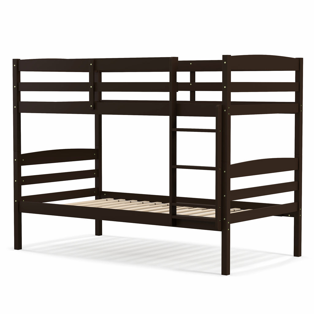 Solid Wood Twin Over Twin Bunk Bed Frame with Guardrails – Espresso