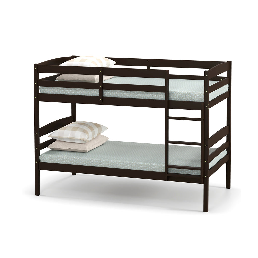 Solid Wood Twin Over Twin Bunk Bed Frame with Guardrails – Espresso
