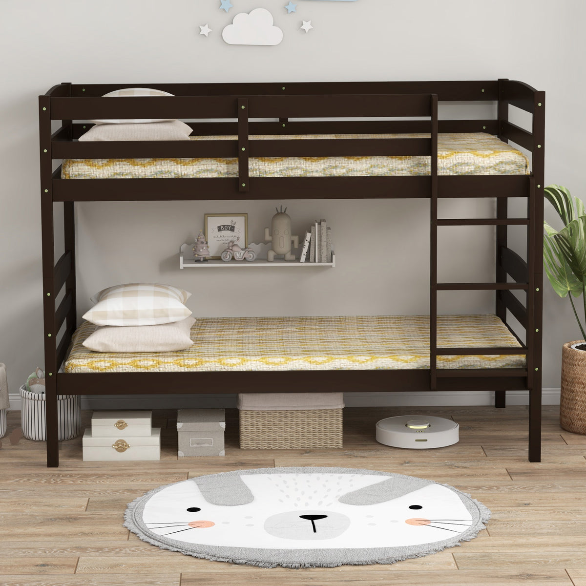 Solid Wood Twin Over Twin Bunk Bed Frame with Guardrails – Espresso