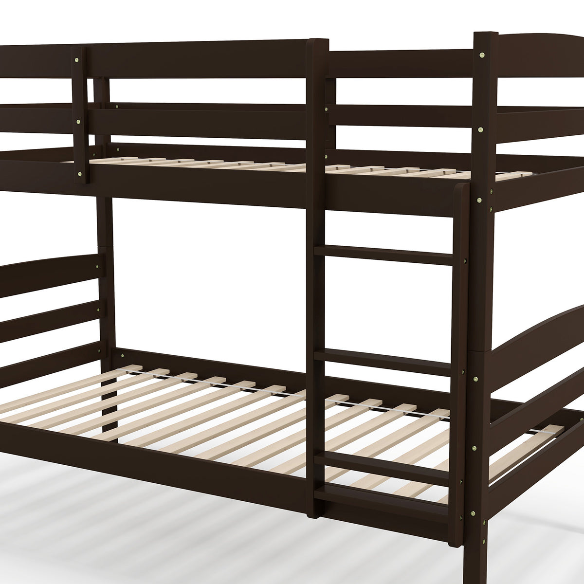 Solid Wood Twin Over Twin Bunk Bed Frame with Guardrails – Espresso