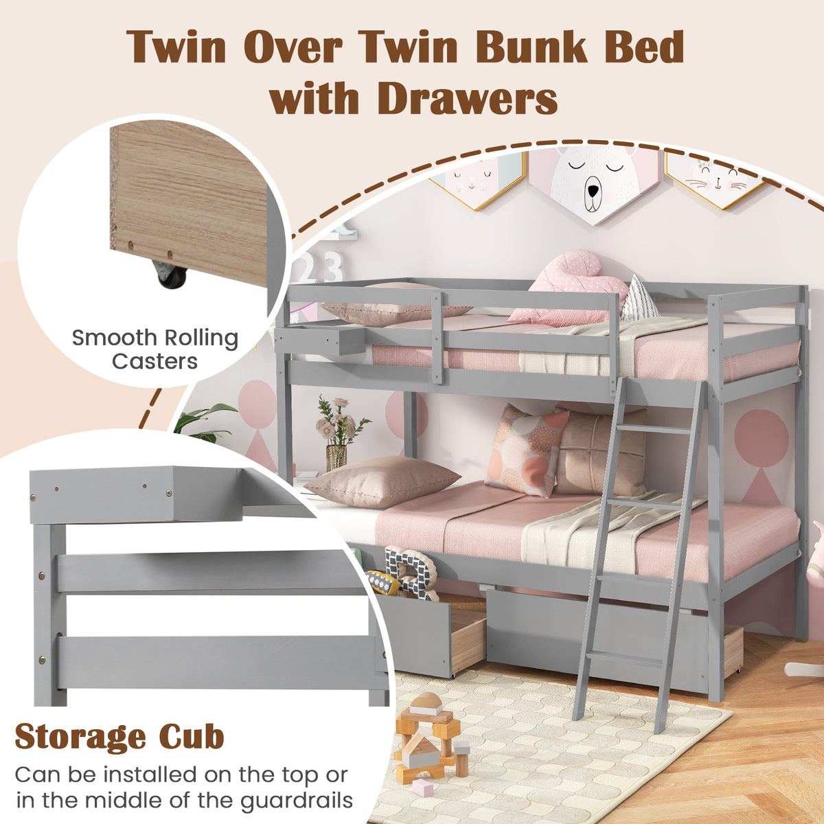 Twin Over Twin Bunk Bed with Storage Drawers, Gray