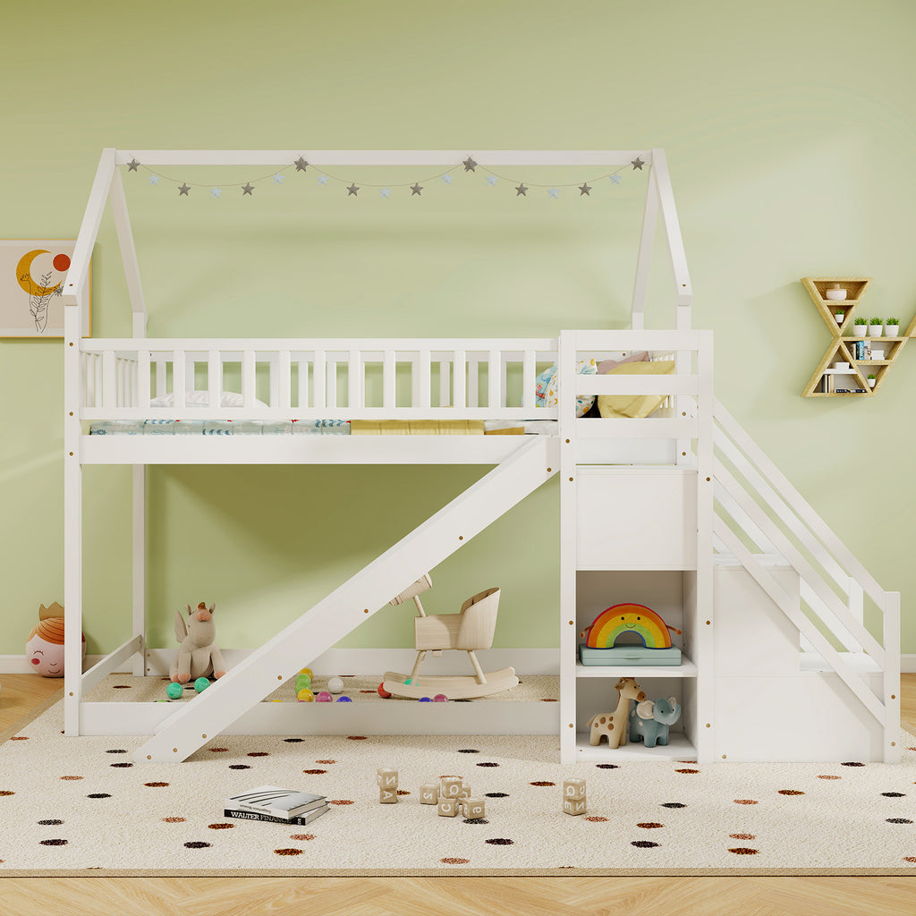 Twin Over Twin Bunk Bed with Slide and Staircase - White