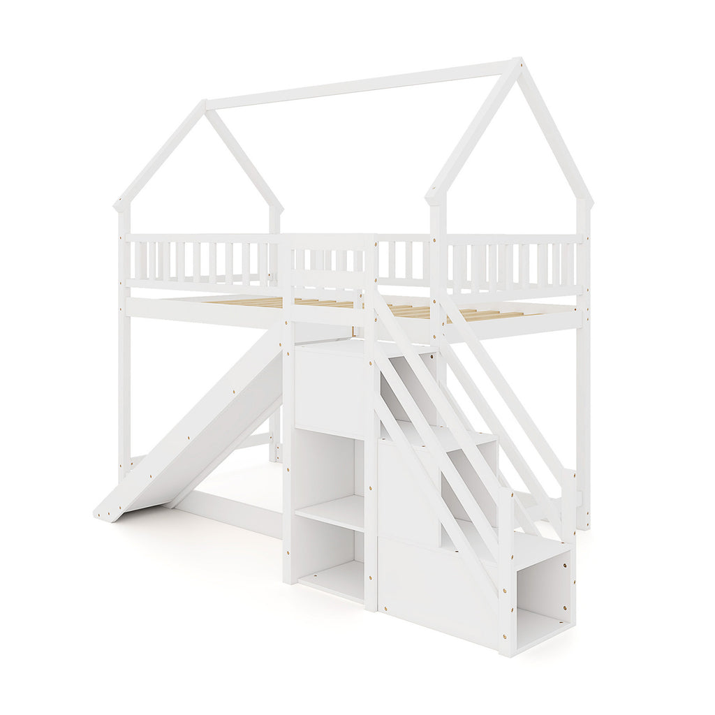 Twin Over Twin Bunk Bed with Slide and Staircase - White