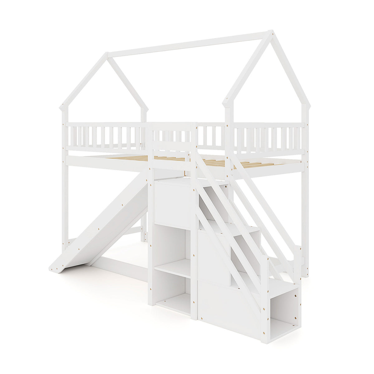 Twin Over Twin Bunk Bed with Slide and Staircase - White