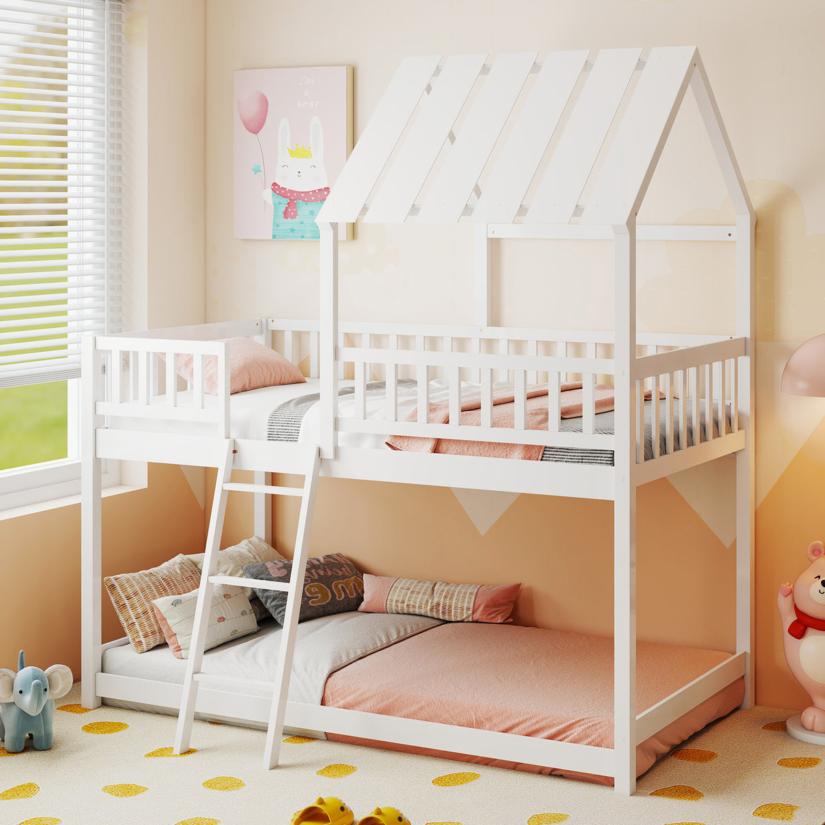 Twin Over Twin House Bunk Bed with Guardrails - White