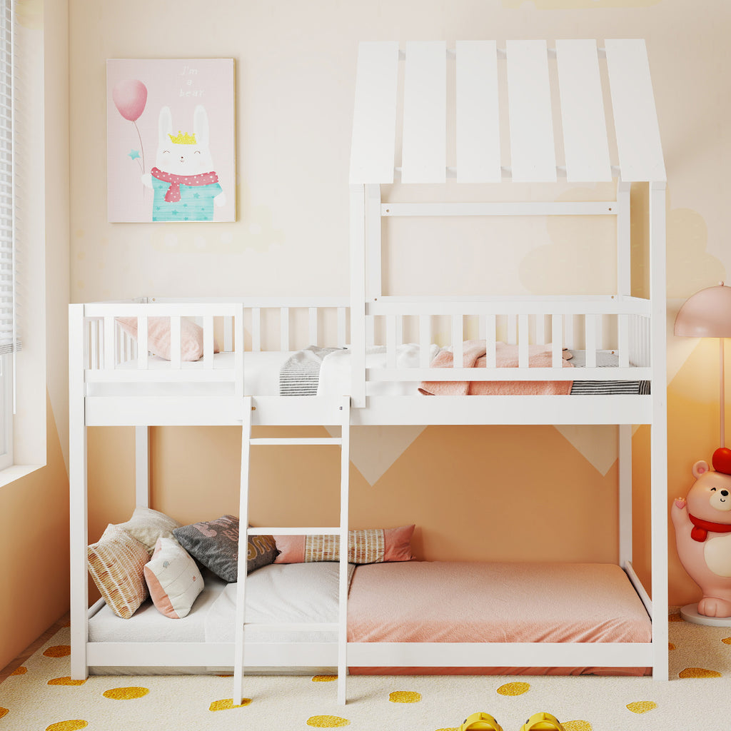 Twin Over Twin House Bunk Bed with Guardrails, White