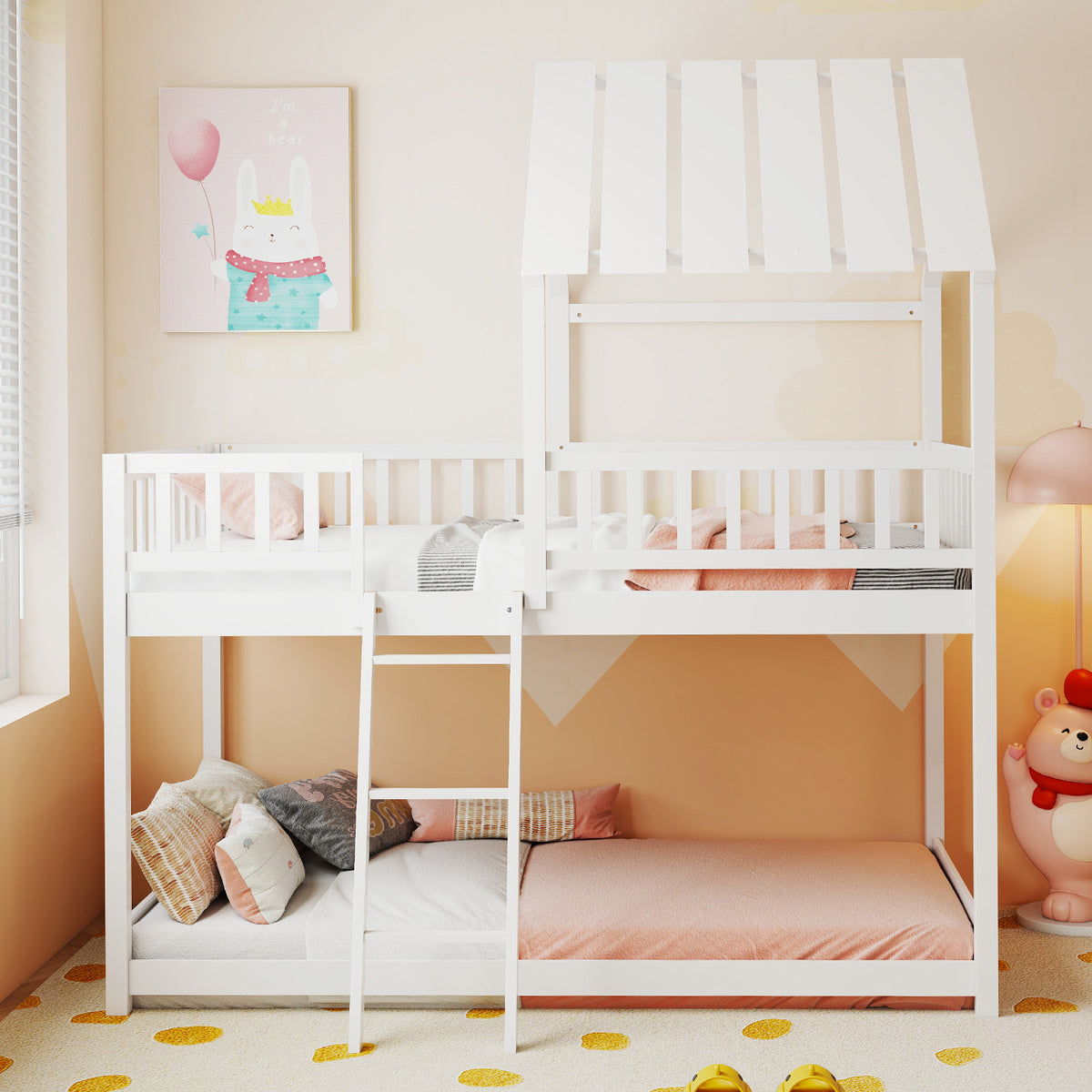Twin Over Twin House Bunk Bed with Guardrails, White