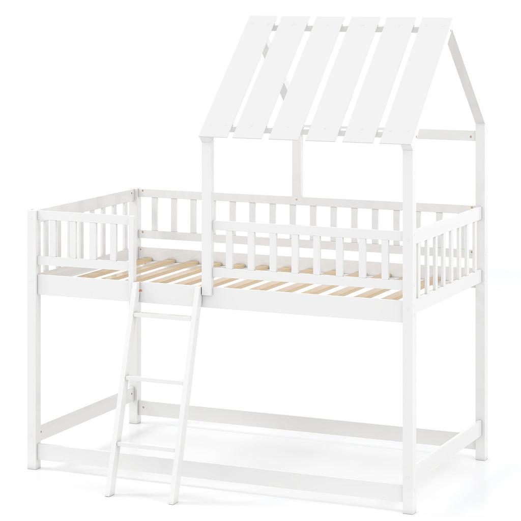 Twin Over Twin House Bunk Bed with Guardrails, White