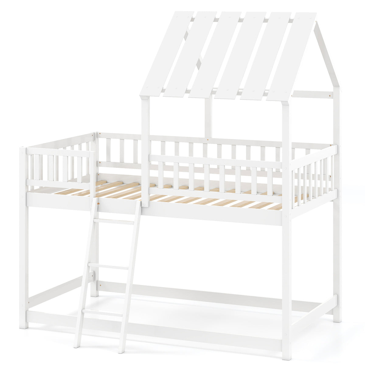 Twin Over Twin House Bunk Bed with Guardrails, White