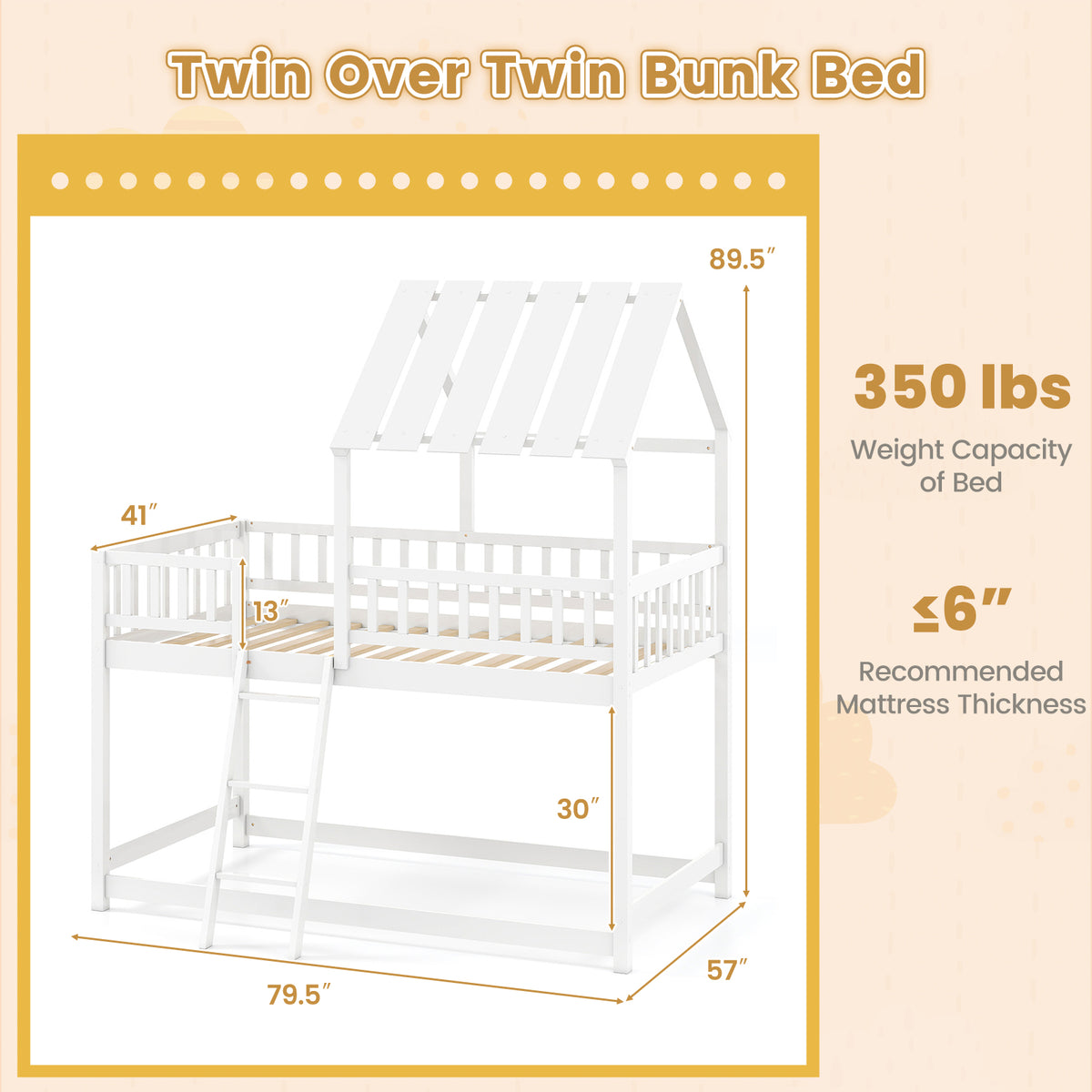 Twin Over Twin House Bunk Bed with Guardrails - White