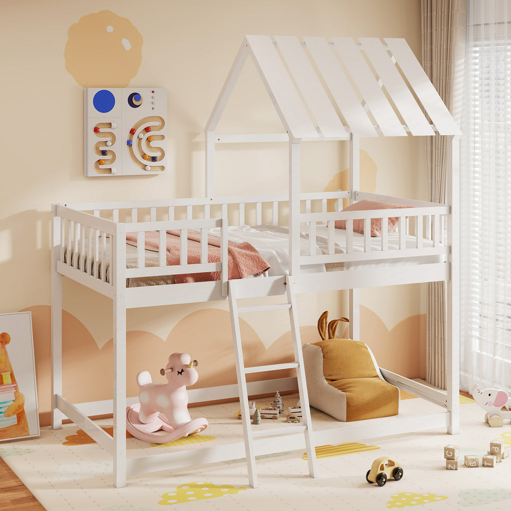 Twin Over Twin House Bunk Bed with Guardrails - White