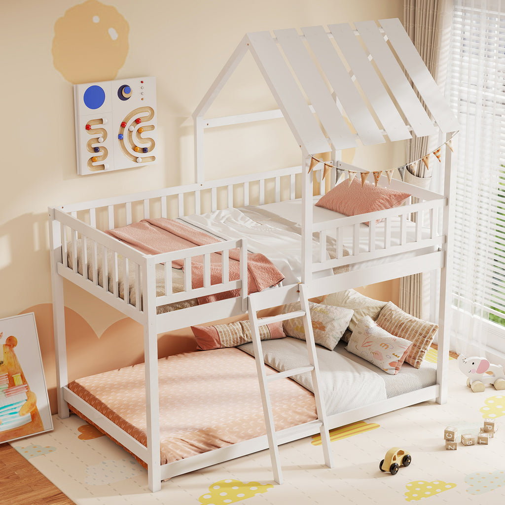 Twin Over Twin House Bunk Bed with Guardrails - White