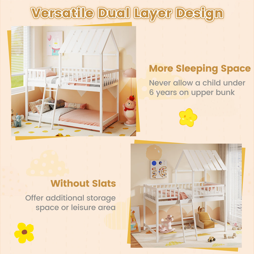Twin Over Twin House Bunk Bed with Guardrails, White