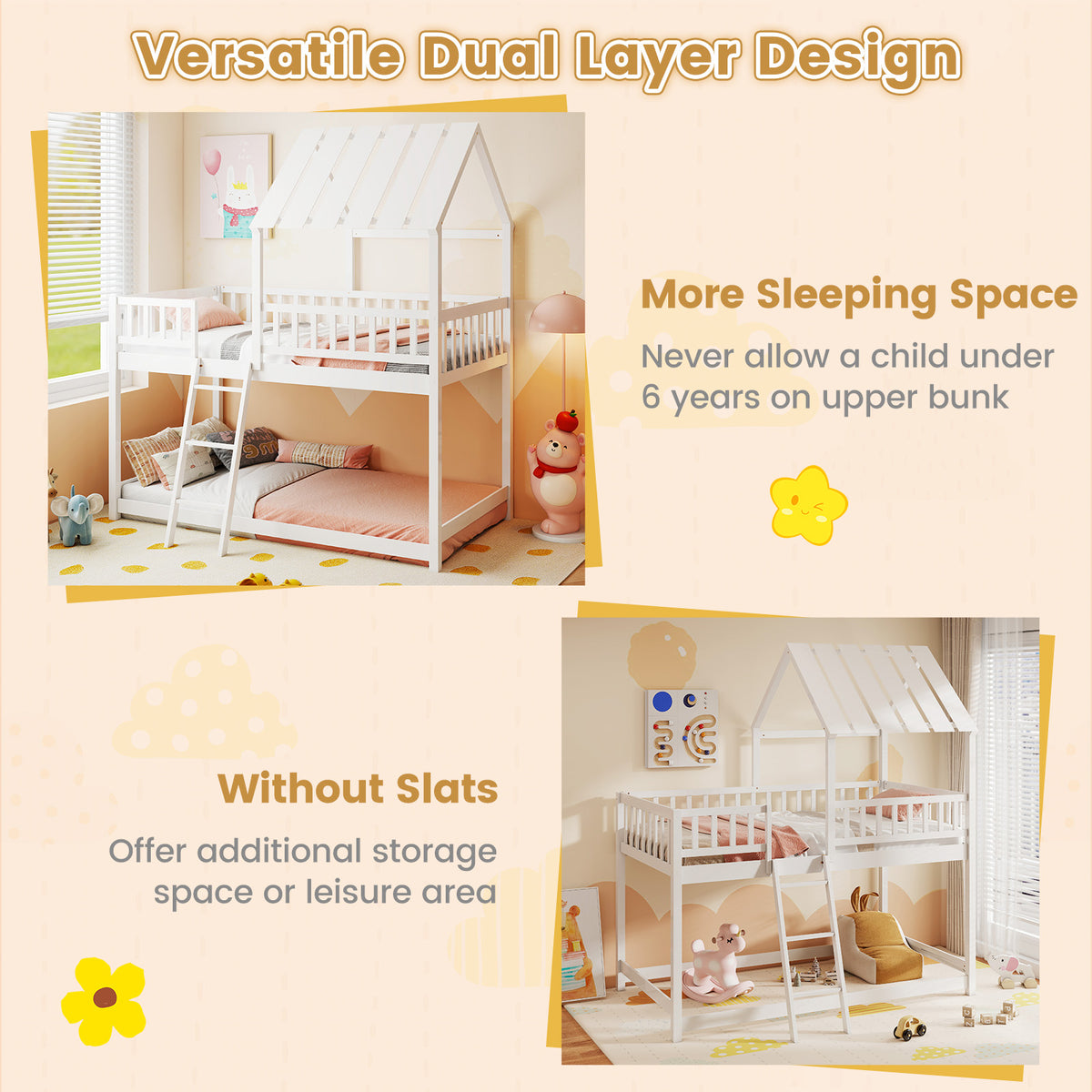 Twin Over Twin House Bunk Bed with Guardrails, White