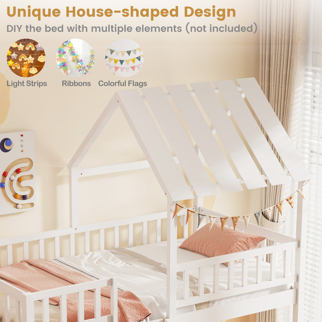Twin Over Twin House Bunk Bed with Guardrails - White