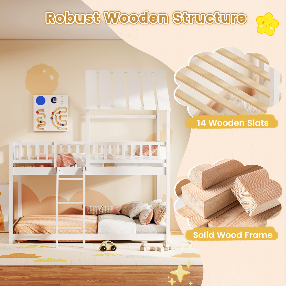 Twin Over Twin House Bunk Bed with Guardrails - White