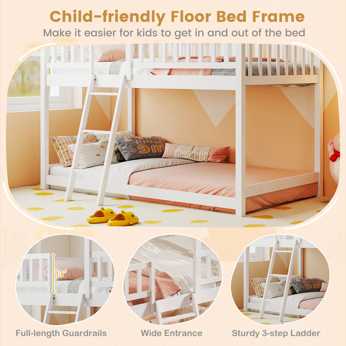 Twin Over Twin House Bunk Bed with Guardrails, White