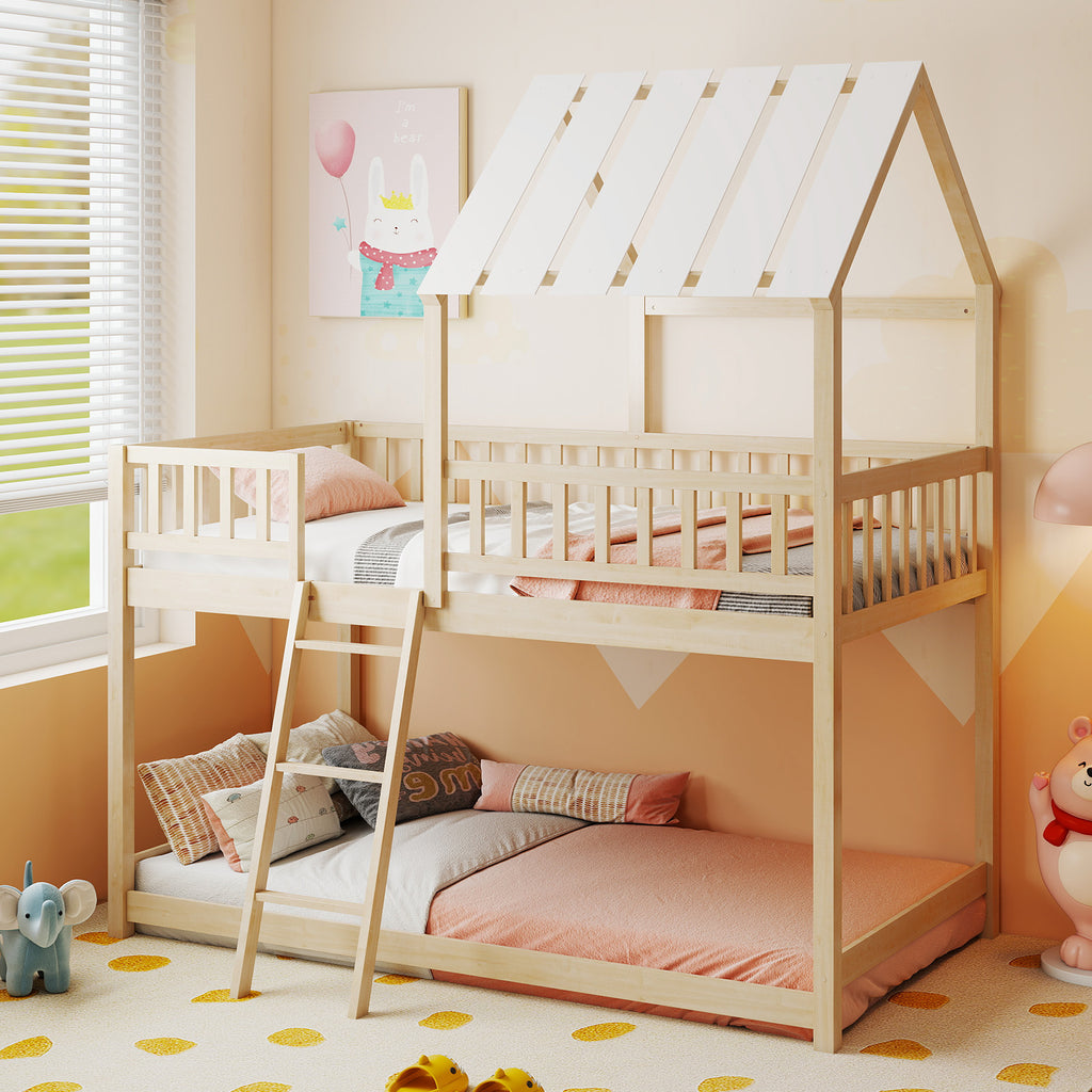Twin Over Twin House Bunk Bed with Guardrails, White