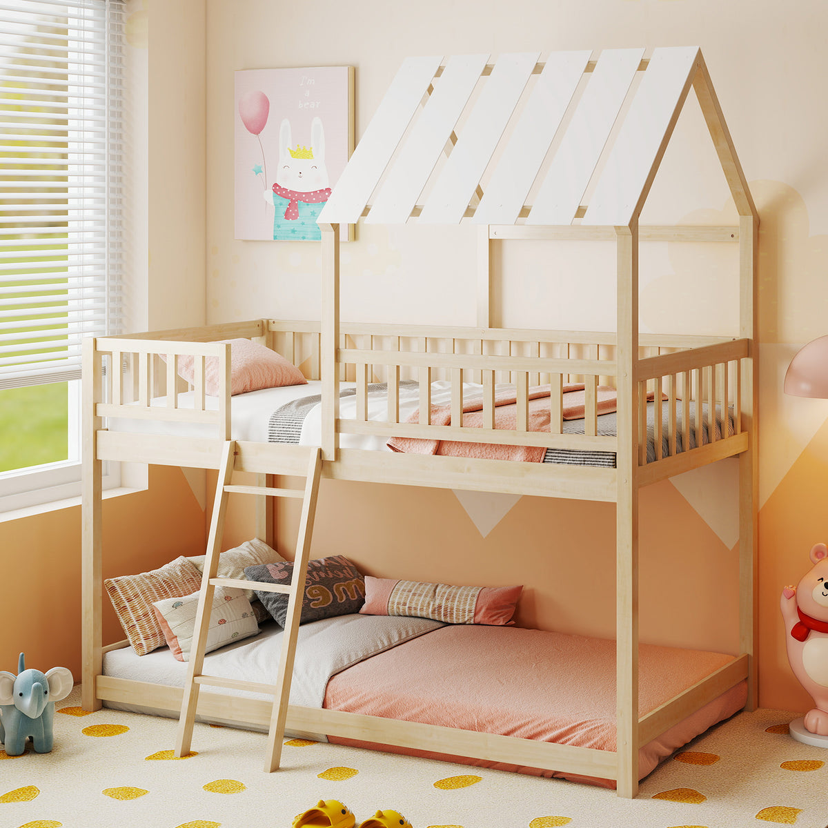 Twin Over Twin House Bunk Bed with Guardrails, White