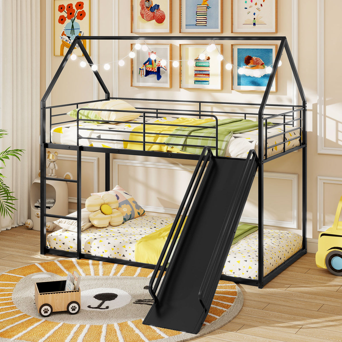 Twin Over Twin Low Bunk Bed with Slide - Black
