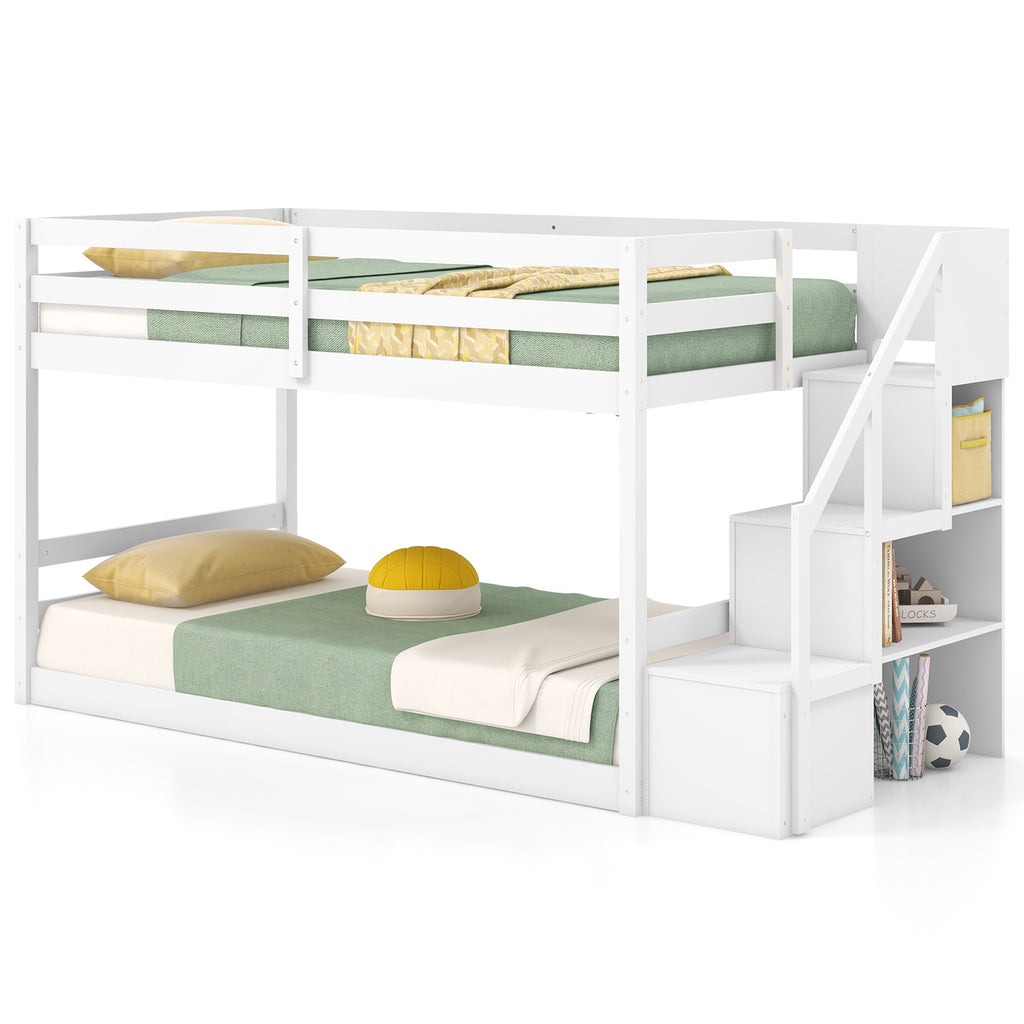 Twin Over Twin Low Bunk Bed with Storage Stairs, White