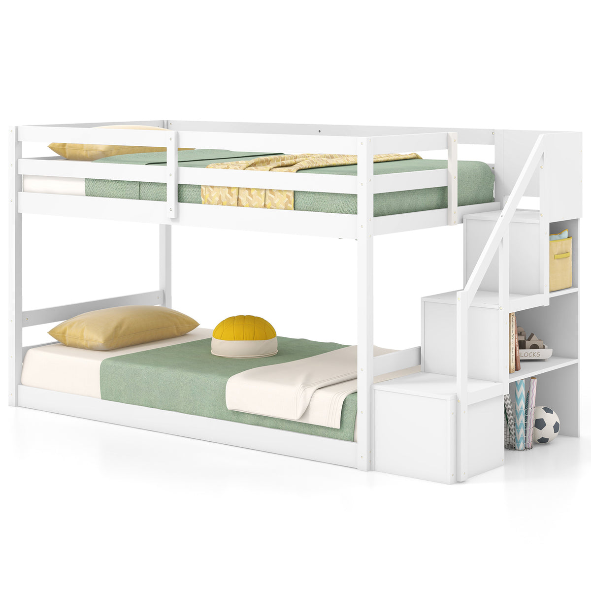 Twin Over Twin Low Bunk Bed with Storage Stairs, White