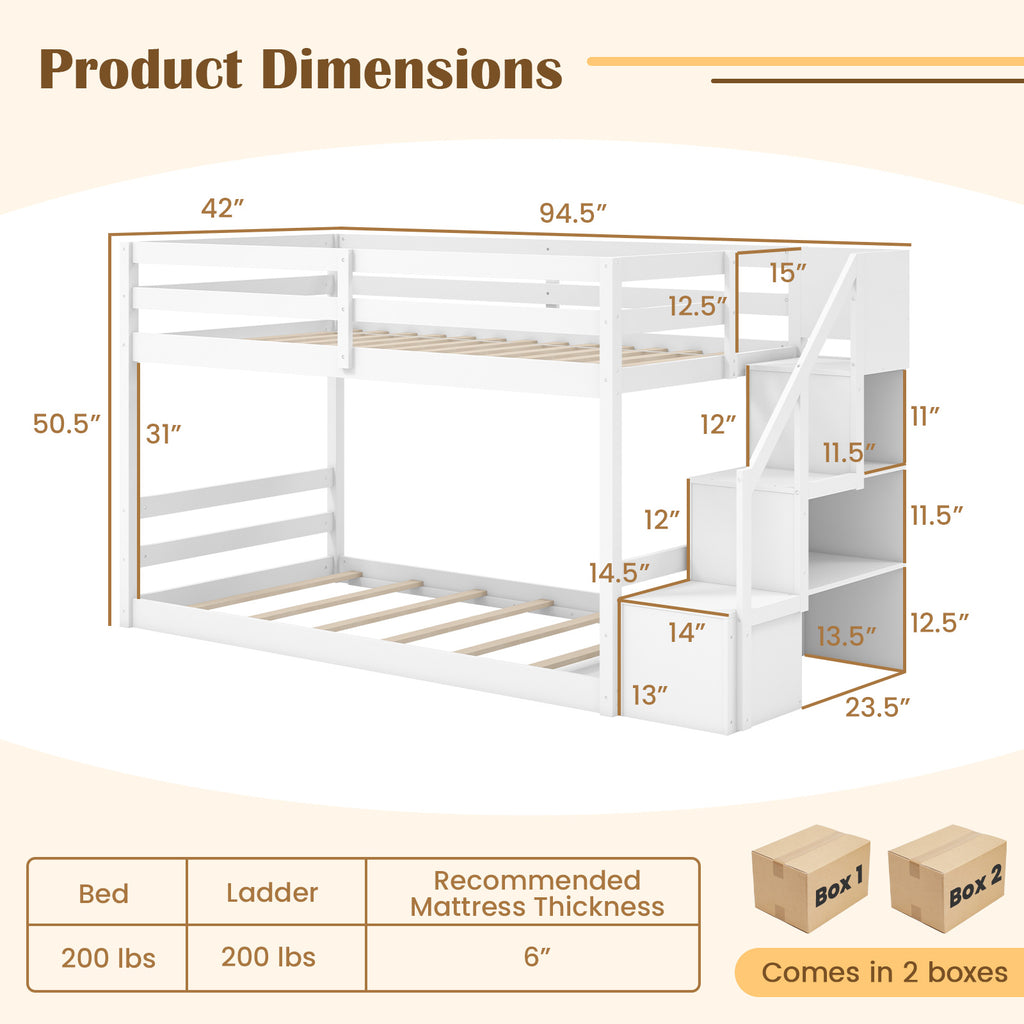 Twin Over Twin Low Bunk Bed with Storage Stairs, White