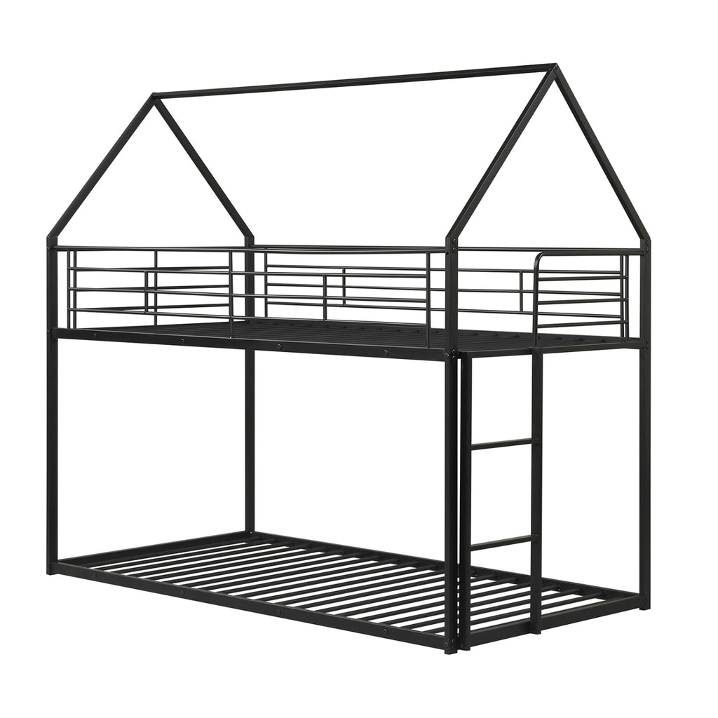 Twin Over Twin Metal Bunk Bed with Roof – White