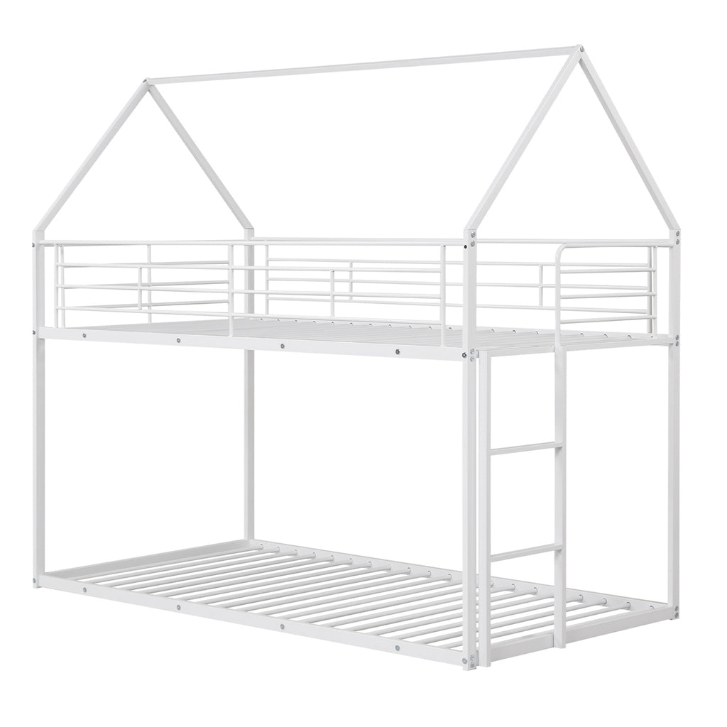 Twin Over Twin Metal Bunk Bed with Roof - White