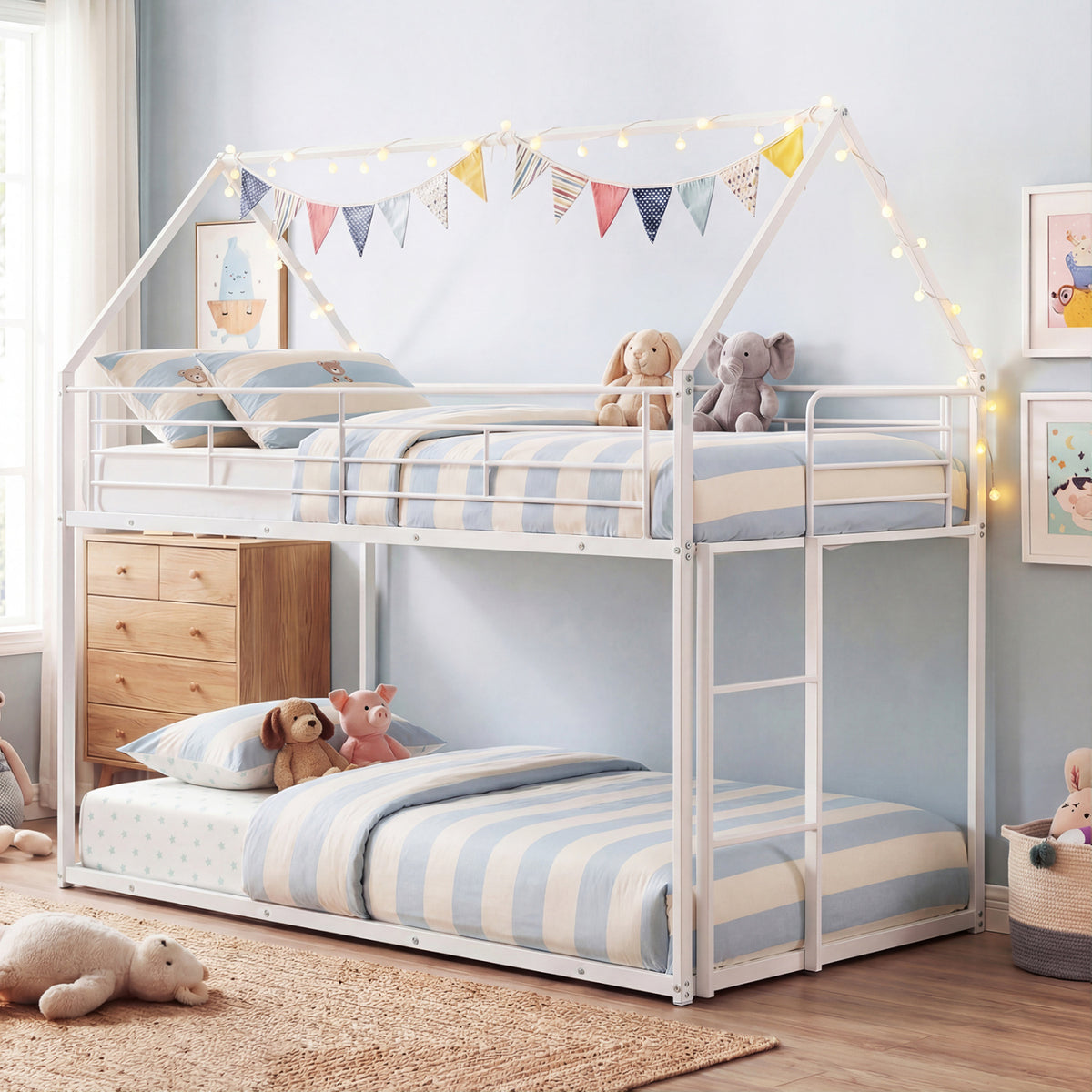 Twin Over Twin Metal Bunk Bed with Roof – White