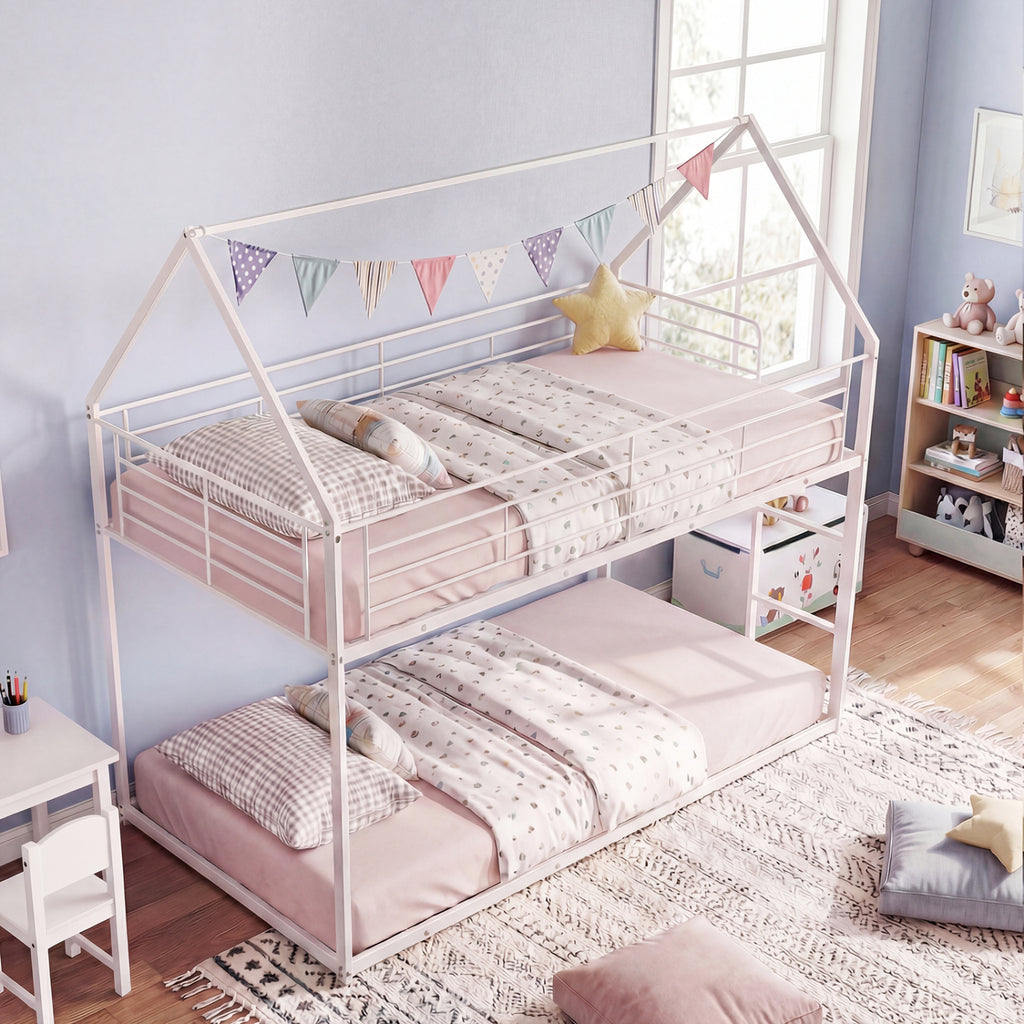 Twin Over Twin Metal Bunk Bed with Roof - White