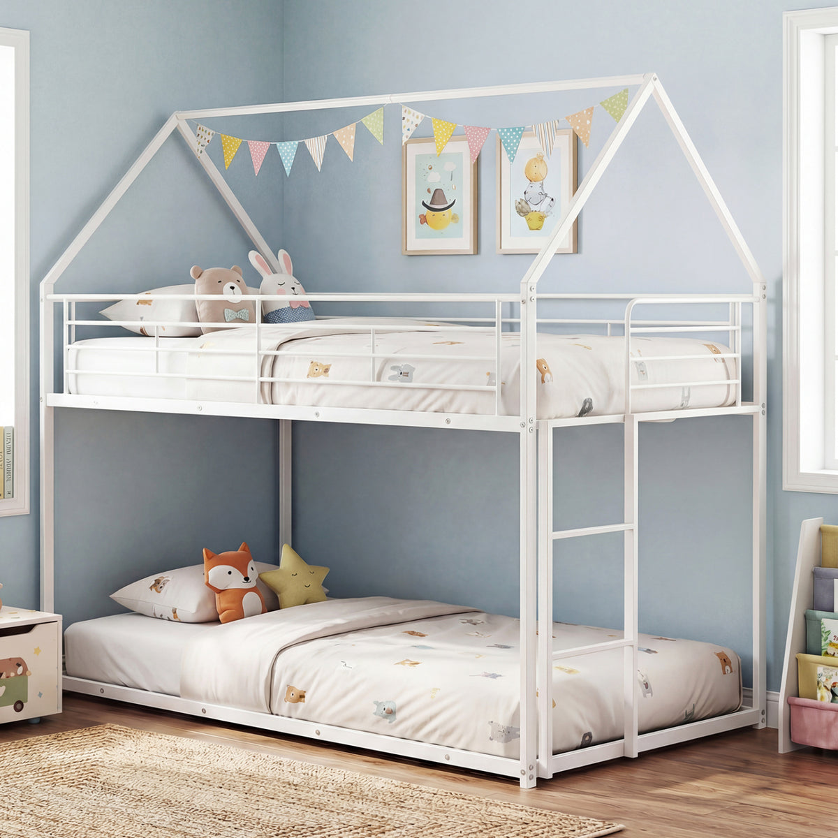 Twin Over Twin Metal Bunk Bed with Roof - White