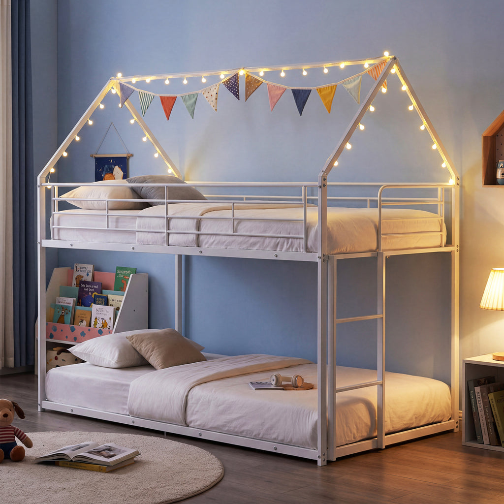 Twin Over Twin Metal Bunk Bed with Roof - White