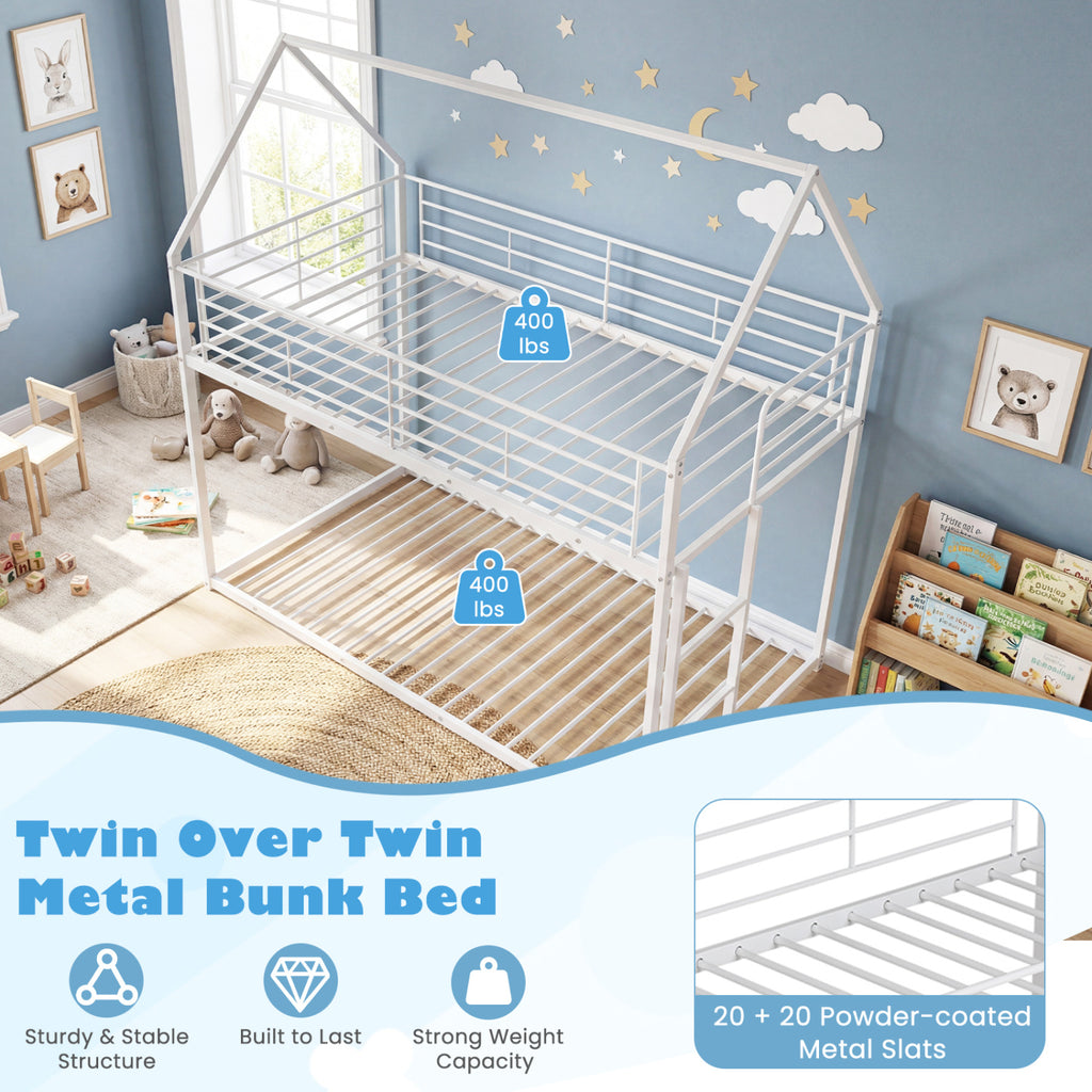Twin Over Twin Metal Bunk Bed with Roof – White