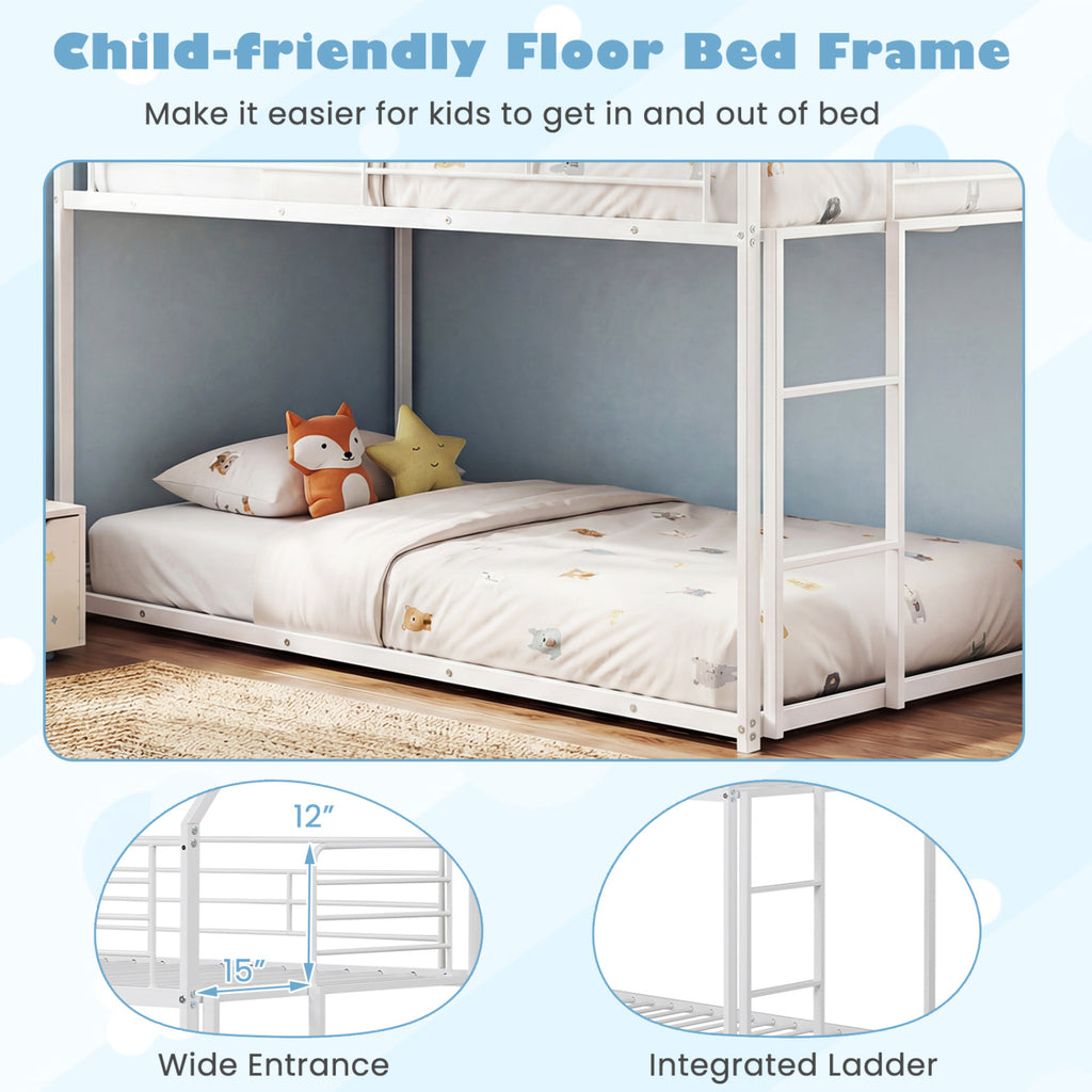 Twin Over Twin Metal Bunk Bed with Roof - White