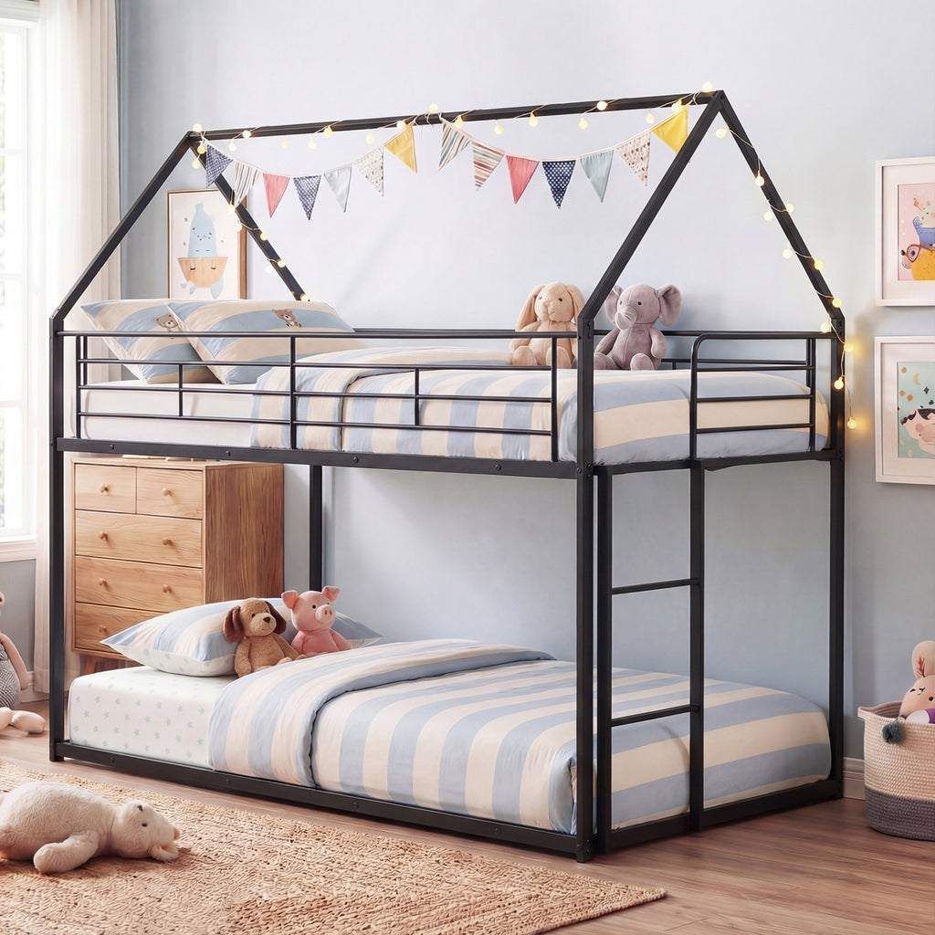 Twin Over Twin Metal Bunk Bed with Roof – White