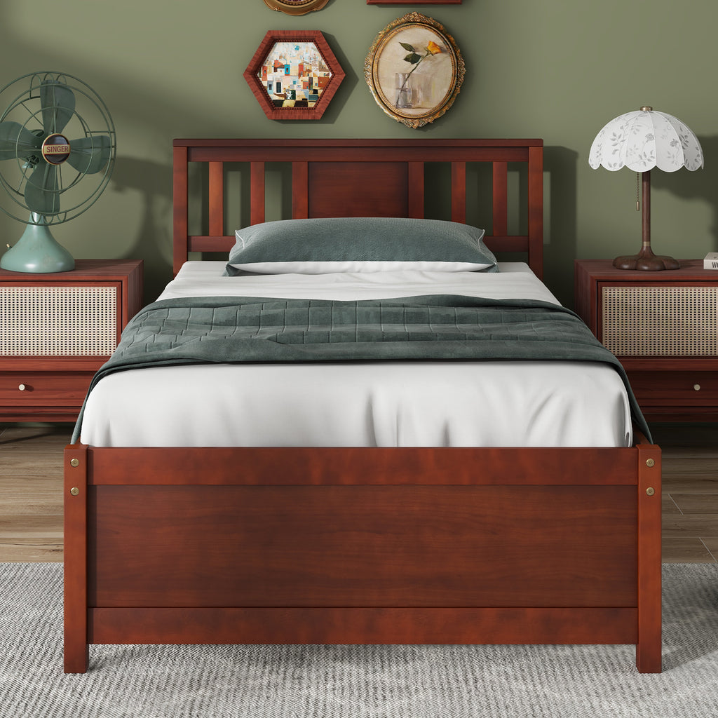 Wooden Platform Bed with Headboard - Twin, Walnut