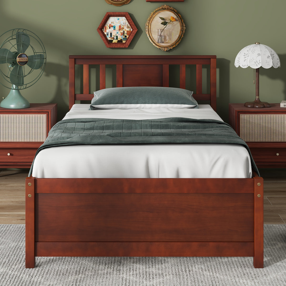 Wooden Platform Bed with Headboard - Twin, Walnut