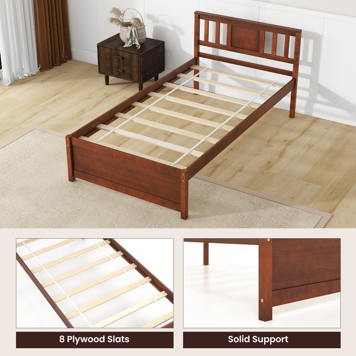 Wooden Platform Bed with Headboard - Twin, Walnut