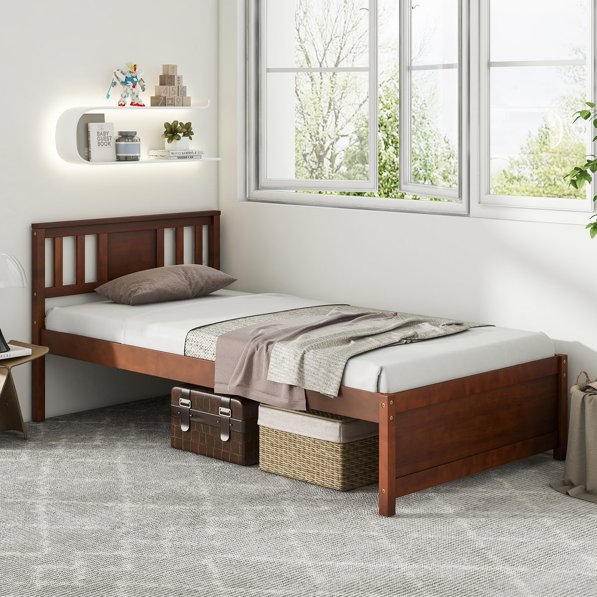 Wooden Platform Bed with Headboard - Twin, Walnut