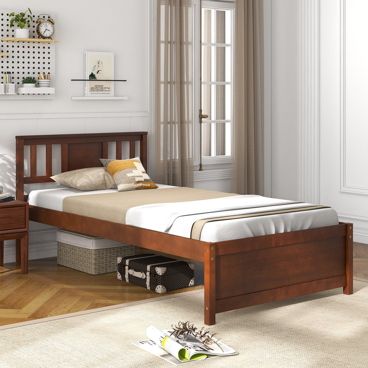 Wooden Platform Bed with Headboard - Twin, Walnut