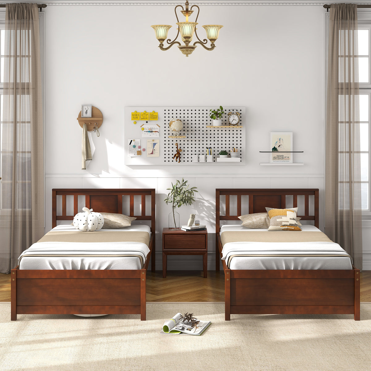 Wooden Platform Bed with Headboard - Twin, Walnut