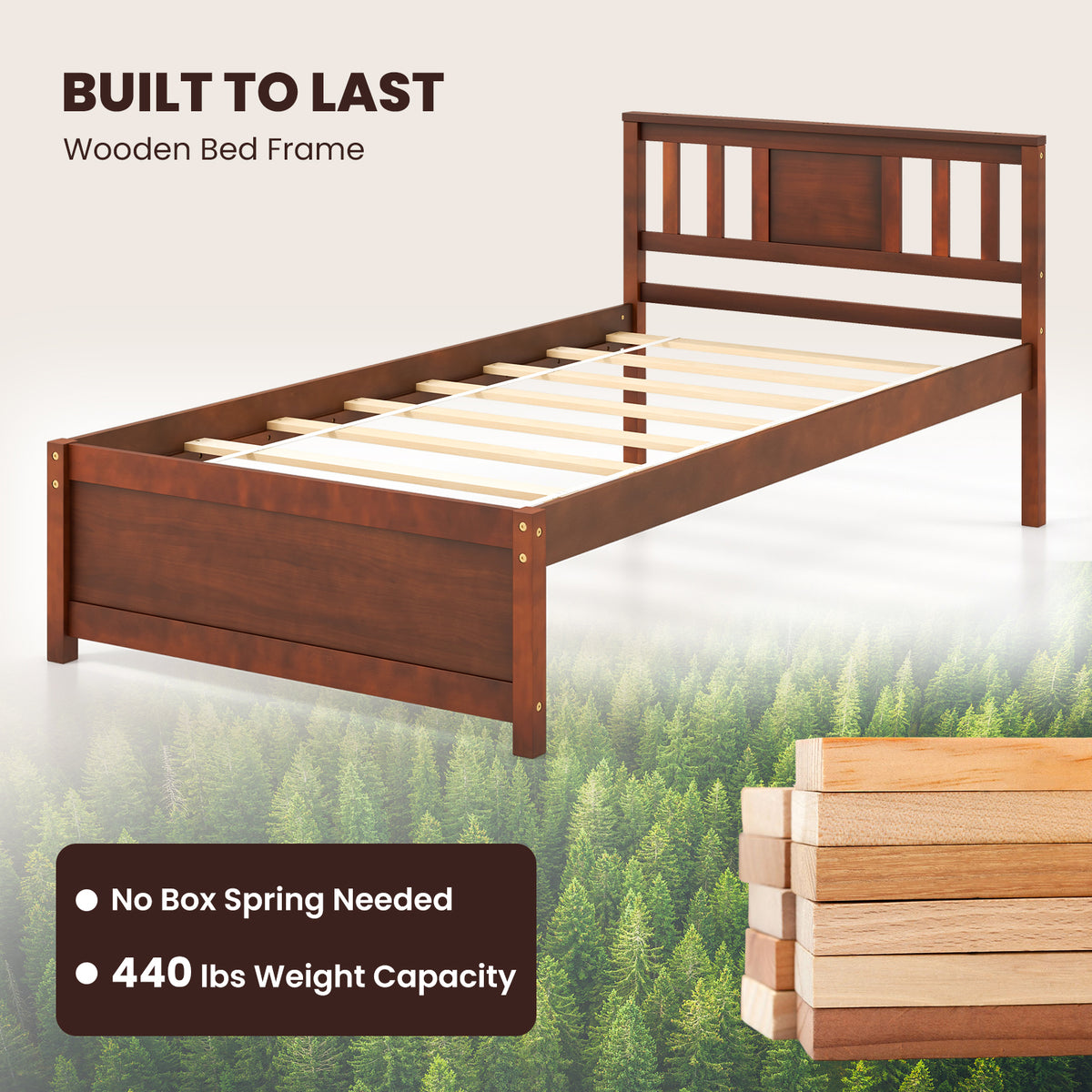 Wooden Platform Bed with Headboard - Twin, Walnut