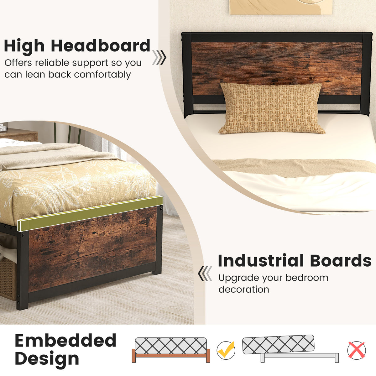 Twin Metal Bed Frame with High Headboard - Style D