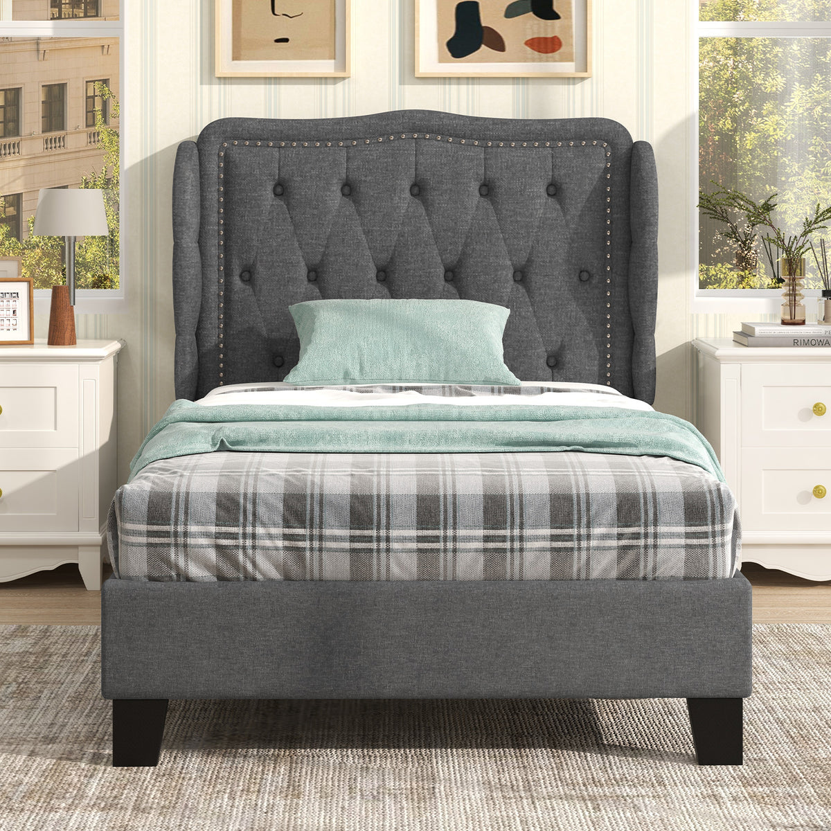 Twin Size Bed Frame with Button Tufted Wingback Headboard - Gray