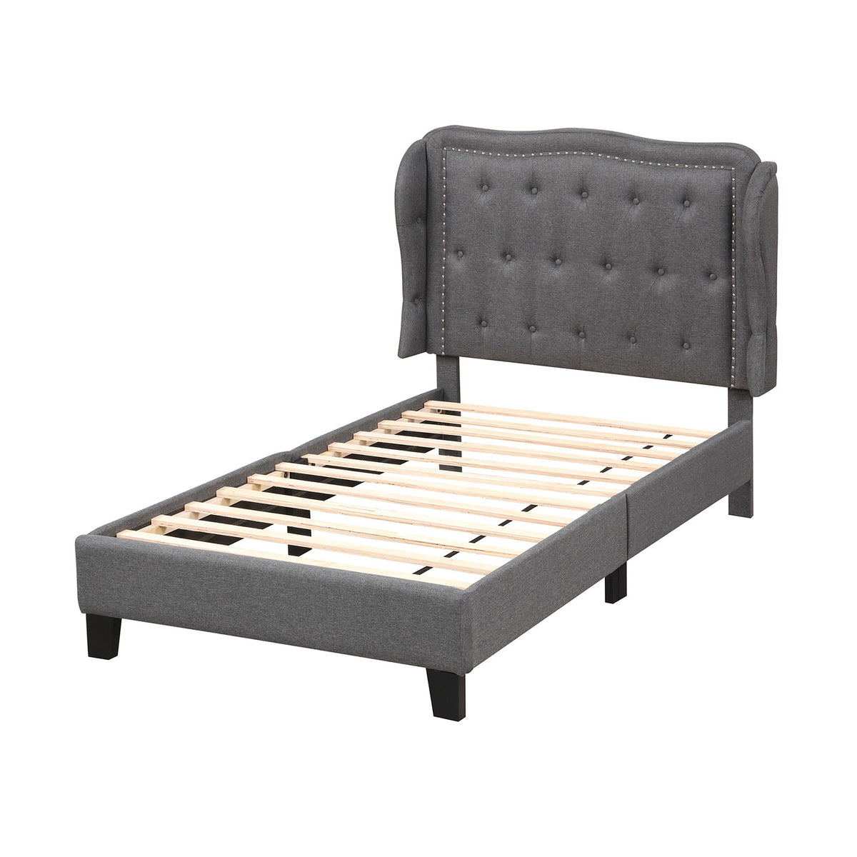 Twin Size Bed Frame with Button Tufted Wingback Headboard - Gray