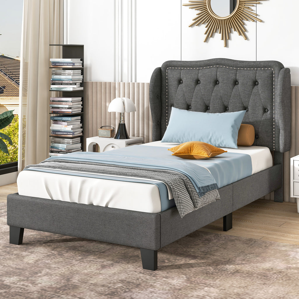 Twin Size Bed Frame with Button Tufted Wingback Headboard - Gray