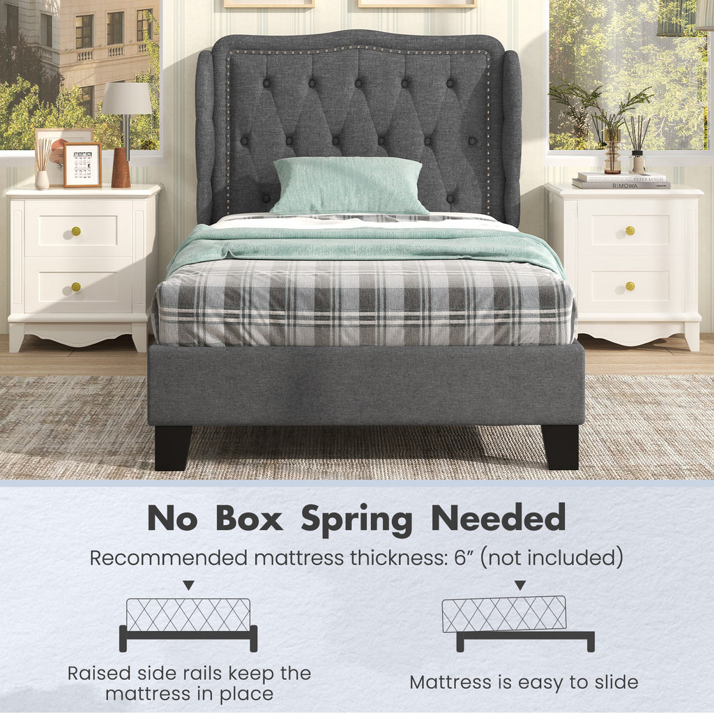 Twin Size Bed Frame with Button Tufted Wingback Headboard - Gray