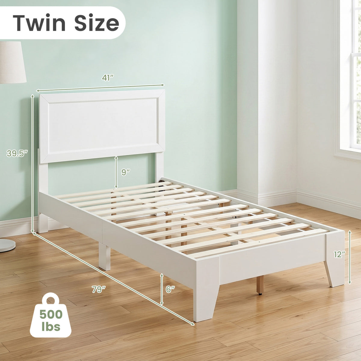 Twin Size Bed Frame with Headboard, White - Modern