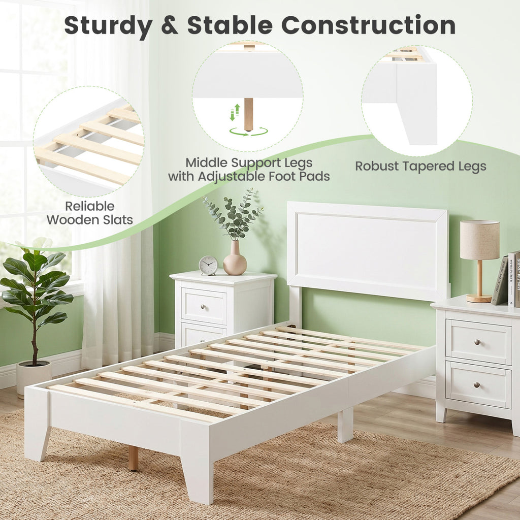 Twin Size Bed Frame with Headboard, White - Modern